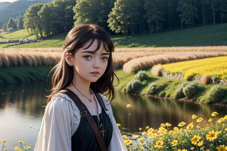 an awarded photo of a 1girl  aryastartk-maisiewilliams wawing black long hair, flower in the hair  (small reasts:1.3), natural skin, in perfect willage landscape, folclor outfit ,slavic dress, flowers, wheat on plains, wooden hauses, cows, and small river,  detailed skin, detailed face, ultradetailed, ultrasahrp, masterpiece, perfect quality, fullbody, natural lights, natural shadows, realistic shadows, ambient oclusion, boekh, realsitic, ultrarealsitic, photorealsitic, landscape with hight detailed character <lora:add_detail:1>  <lora:hipoly_3dcg_v7-epoch:0.5 360> photorealsitic <lora:totempunkai_v20:1>