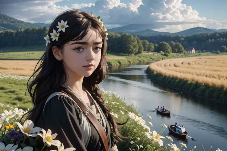 an awarded photo of a 1girl aryastartk-maisiewilliams wawing black long hair, flower in the hair (small reasts:1.3), natural skin, in perfect willage landscape, folclor outfit ,slavic dress, flowers, wheat on plains, wooden hauses, cows, and small river, detailed skin, detailed face, ultradetailed, ultrasahrp, masterpiece, perfect quality, fullbody, natural lights, natural shadows, realistic shadows, ambient oclusion, boekh, realsitic, ultrarealsitic, photorealsitic, landscape with hight detailed character <lora:add_detail:1> <lora:hipoly_3dcg_v7-epoch:0.5 360> photorealsitic <lora:totempunkai_v20:1>
