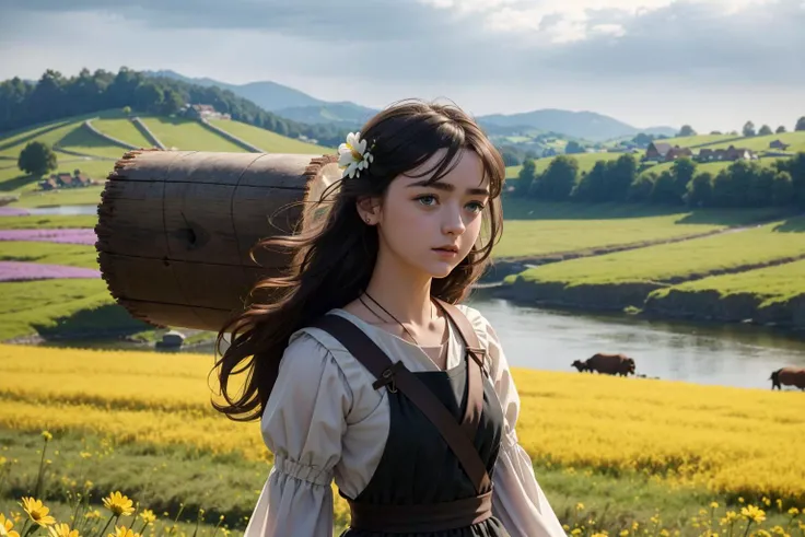 an awarded photo of a 1girl aryastartk-maisiewilliams wawing black long hair, flower in the hair (small reasts:1.3), natural skin, in perfect willage landscape, folclor outfit ,slavic dress, flowers, wheat on plains, wooden hauses, cows, and small river, detailed skin, detailed face, ultradetailed, ultrasahrp, masterpiece, perfect quality, fullbody, natural lights, natural shadows, realistic shadows, ambient oclusion, boekh, realsitic, ultrarealsitic, photorealsitic, landscape with hight detailed character <lora:add_detail:1> <lora:hipoly_3dcg_v7-epoch:0.5 360> photorealsitic <lora:totempunkai_v20:1>