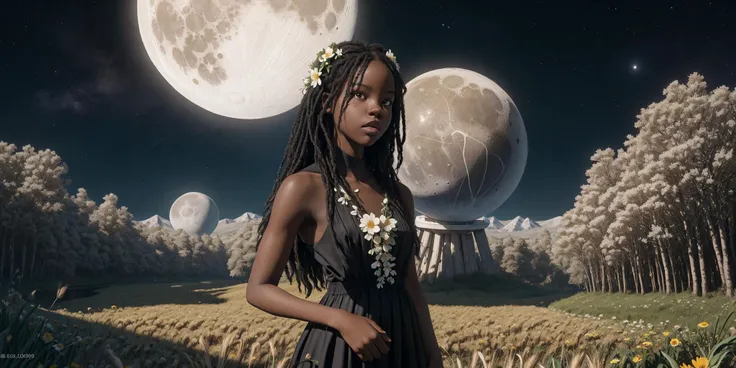 an awarded photo of a 1girl black skin Adut Akech 4d0t4k3ch afro black long hair, flower in the hair , folclor outfit ,slavic dress, (small reasts:1.3), natural skin, in perfect willage landscape in the moon in future, artificial atmosphere, glass sphere,flowers, wheat on plains, wooden hauses, cows, and small river, detailed skin, detailed face, ultradetailed, ultrasahrp, masterpiece, perfect quality, fullbody, natural lights, natural shadows, realistic shadows, ambient oclusion, boekh, realsitic, ultrarealsitic, photorealsitic, landscape with hight detailed character <lora:add_detail:1> <lora:hipoly_3dcg_v7-epoch:0.5 360> photorealsitic <lora:LunarPunkAI:1>