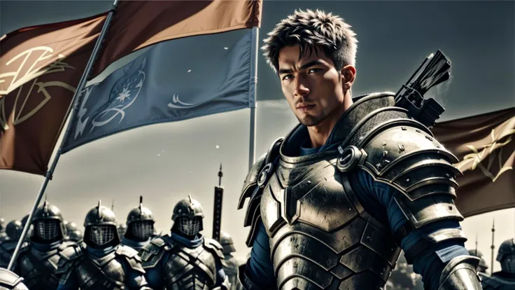 an awarded photo of 1man armored warrior, after battle, winner of the battle ,battleground, he stay with banner on a hill of perished enenmies, detailed skin, detailed face, ultradetailed, ultrasahrp, masterpiece, perfect quality, full body, natural lights, natural shadows, realistic shadows, ambient oclusion, boekh, realsitic, ultrarealsitic, photorealsitic <lora:fantchar_v3:1> <lora:add_detail:1>