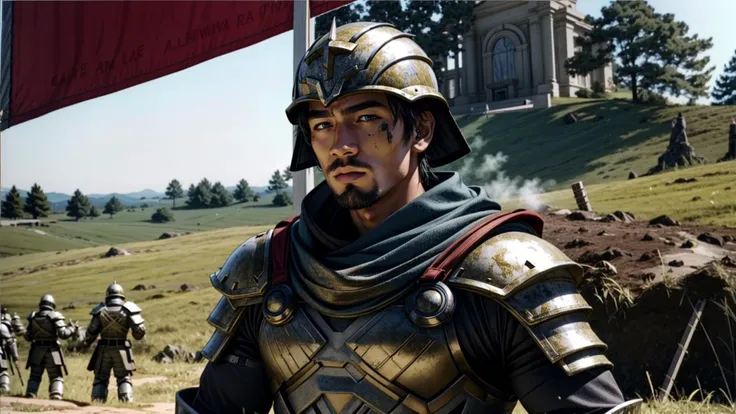 an awarded photo of 1man armored warrior, after battle, winner of the battle ,battleground, he stay with banner on a hill of perished enenmies, detailed skin, detailed face, ultradetailed, ultrasahrp, masterpiece, perfect quality, full body, natural lights, natural shadows, realistic shadows, ambient oclusion, boekh, realsitic, ultrarealsitic, photorealsitic <lora:fantchar_v3:1> <lora:add_detail:1>