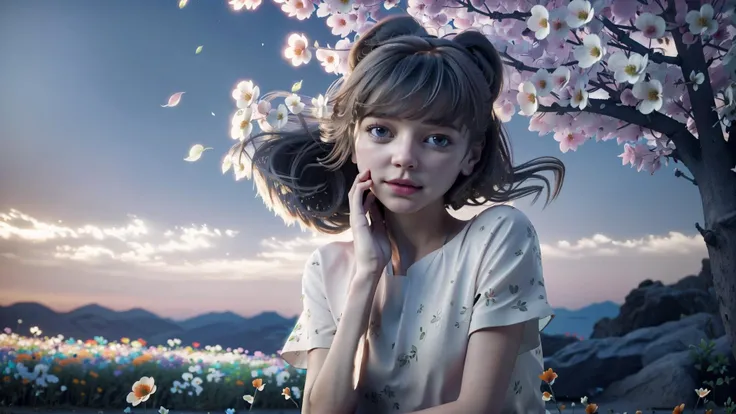 an awarded photo of 1girl perfect face, in summer garden full of flowers in egzotic alien planet, alien plants and alien flowers, she is happy and dancing with wind, leaves and colorful flowers blown by the wind, great scennery, harmonic, delicate pastel colors, exceptional artistic performance, ultradetailed, masterpiece, photorealistic, delicate lights photo by canon eos delicate depth of field, boekh dark vibe <lora:hipoly_3dcg_v7-epoch:1> <lora:LunarPunkAI:1> inricate hands, intricate details AM059_Serena