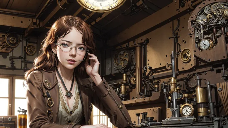 an awarded photo of a tiny redhead girl inventor with steampunk lelements and outfift in her mistery workshop, industrial areana, detailed skin, detailed face, ultradetailed, ultrasahrp, masterpiece, perfect quality, fullbody, natural lights, natural shadows, realistic shadows, ambient oclusion, boekh, realsitic, ultrarealsitic, photorealsitic <lora:steampunkai:1> tools in her hand, screwdriver, metalic glasses, table with tools, screwdrivers ,metal parts, reparing clock , freckles on the face, dramatic lights, dynamic , hair wawing blowed by wind, epic light rays on face, epic moment , inricate details, hdr, 8k wallpaper, best quality  steam punk ai, steampunk details,  AM057_Christel_A
