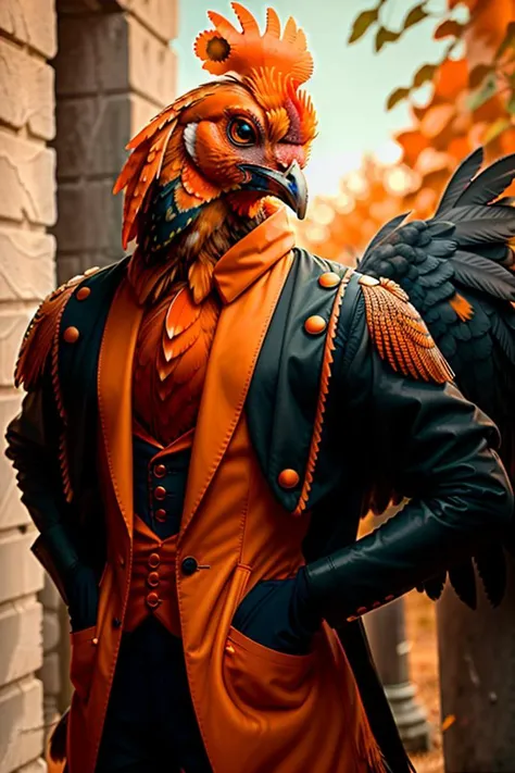 RAW photo, humanoid, a upper body photo of [[man:Chicken:2] ] a  male  wereChicken, Chicken, orange ,no cobm, Army overcoat, gothic_lolita , blue skin, black spot, yellow eyes,  male<lora:100_Chicken_1v_5_1080_0001BD5e_off:0.6><lora:7_wereanimal_1v5_768_0001BD5e_NR128NA128off-000002:0.4>, best quality ,[[2 hands]], in the beautiful sunshine,   facing front, [[furry arms]], furry body ,real detailed furry