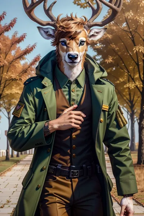 RAW photo, humanoid, a upper body photo of [man:deer:2] a weredeer, deer, solo,  Army overcoat, Greek clothes,  male <lora:7_wereanimal_1v5_768_0001BD5e_NR128NA128off-000002:0.6>, best quality ,[[2 hands]], in the beautiful sunshine,   facing front, [[furry arms]], furry body ,real detailed furry