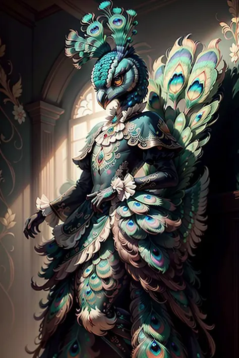 RAW photo, humanoid, a photo of [man:Peacock:2] a werePeacock Peacock standing,Maid dress,gothic_lolita,1 tail, furry skin, full-body shot,male, <lora:7_wereanimal_1v5_768_0001BD5e_NR128NA128off-000002:0.5>, owl hands, best quality ,masterpiece, illustration, an extremely delicate and beautiful, extremely detailed ,CG ,unity ,8k wallpaper, Amazing, finely detail, masterpiece,best quality,official art,extremely detailed CG unity 8k wallpaper,absurdres, incredibly absurdres, huge filesize , ultra-detailed, highres, extremely detailed, beautiful detailed werePeacock Peacock, extremely detailed eyes and face, beautiful detailed eyes, (RAW photo, best quality), (realistic, photo-realistic:1.3), light on face, werePeacock Peacock , furry body,Kpop idol, ((wall background)), posing, facing front, furry arms, furry body, furry crotch,