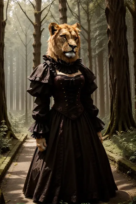 RAW photo, humanoid, a upper body photo of [[man:lion:2] ] a werelion lion standing , Maid dress,gothic_lolita,temple, forest,muscular female,  <lora:100_lion-femail_BD_1v-5_768_0001_5e_off:0.6> <lora:7_wereanimal_1v5_768_0001BD5e_NR128NA128off-000002:0.4>, best quality ,[[2 dog hands]], in the beautiful sunshine,   facing front, [[furry arms]], furry body ,real detailed furry