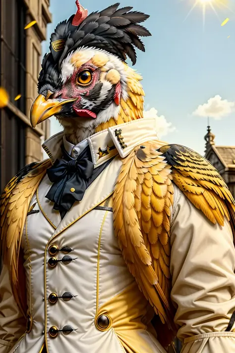 RAW photo, humanoid, a upper body photo of [[man:Chicken:2] ] a  male  wereChicken,Chicken ,white, big cobm, Army overcoat, gothic_lolita , blue skin, black spot, yellow eyes,  male<lora:100_Chicken_1v_5_1080_0001BD5e_off:0.6><lora:7_wereanimal_1v5_768_0001BD5e_NR128NA128off-000002:0.4>, best quality ,[[2 hands]], in the beautiful sunshine,   facing front, [[furry arms]], furry body ,real detailed furry