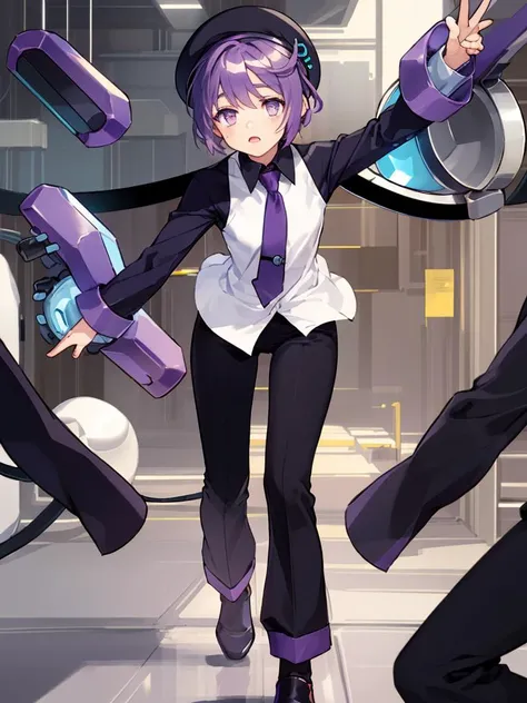 masterpiece, best quality, ultra-detailed, <lora:Defoko_v1-000015:0.8>, 1girl, solo, full body, pants, long sleeves, white vest, short hair, purple beret, shoes, purple necktie, BREAK, dynamic combat pose, flipping through the air, chased by robots, mechanical facility, futuristic factory,