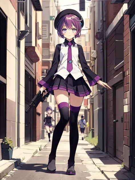 masterpiece, best quality, <lora:Defoko_v1-000017:1.0>, 1girl, full body, post-apocalyptic, city street, short skirt, thigh-highs, running, alleyway, holding a gun, beret,