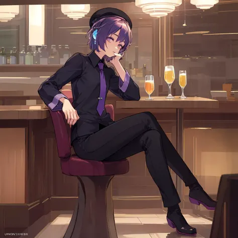 masterpiece, best quality, ultra-detailed, <lora:Defoko_v1-000015:0.85>, 1girl, solo, full body, white blouse, pants, beret,necktie, short hair, robot ears, sitting at the bar, drinking a glass, sleeves rolled up,