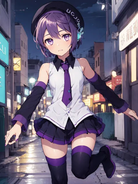 masterpiece, best quality, <lora:Defoko_v1-000015:1.0>, 1girl, solo, full body, post-apocalyptic, city street, short skirt, thigh-highs, sprinting, holding a pistol with both hands, beret, (night:1.5), neon signs, cyberpunk, white blouse, robot ears, black thighhighs, expressionless, (jitome:1.5), short hair, dynamic action pose, black boots, angry,