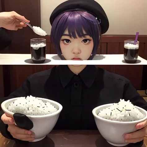 masterpiece, best quality, ultra-detailed, photorealistic, asian, <lora:Defoko_v1-000015:0.9>, 1girl, solo, full body, beret, short hair, ((eating rice)), drinking a glass, expressionless, (jitome:1.5), pov,<lora:minesfixAsianLikeness_v10:0.6>,