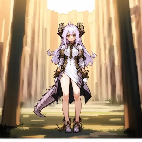 (1girl:1.5), solo, dragonian_head, dragonian_body, dragonian_hairstyle, dragonian_horns, dragonian_tail, standing, outdoors, <lora:dragonian_v2.3-000002:1>