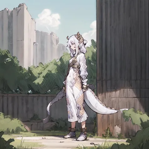 (1girl:1.5), solo, dragonian_head, dragonian_body, dragonian_hairstyle, dragonian_horns, dragonian_tail, standing, outdoors, <lora:dragonian_v2.3-000004:1>