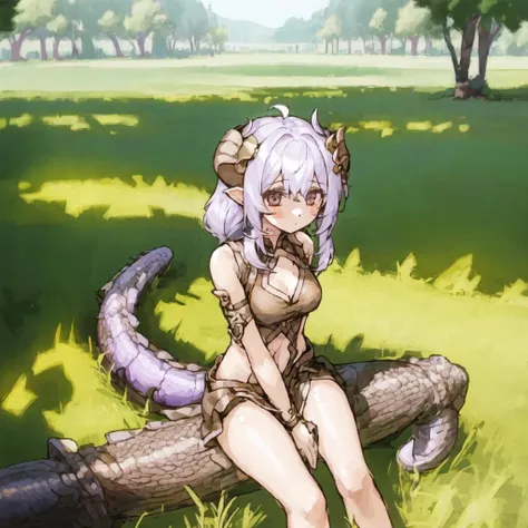 (1girl:1.5), solo, dragonian_head, dragonian_body, dragonian_hairstyle, dragonian_horns, dragonian_tail, sitting, outdoors, <lora:dragonian_v2.3-000002:1>