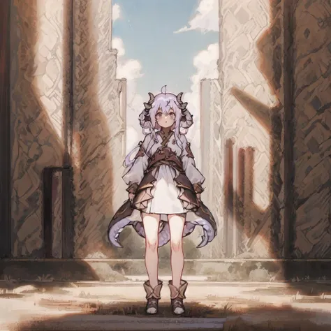 (1girl:1.5), solo, dragonian_head, dragonian_body, dragonian_hairstyle, dragonian_horns, dragonian_tail, standing, outdoors, <lora:dragonian_v2.3-000003:1>