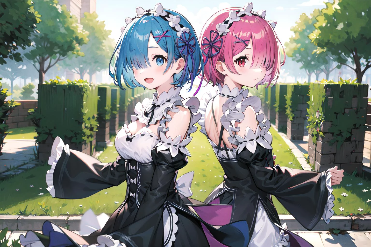 masterpiece, best quality, highres, 2girls,multiple girls,aarem, short hair,blue hair, blue eyes, hair over one eye,maid headdress, x hair ornament, hair ribbon, large breasts, frills, neck ribbon, cleavage, dress, detached sleeves, <lora:rem_v1:0.8>, (smile:1.1), open mouth, (floating hair:1.1), (wind:1.1), garden, back to back, BREAK
masterpiece, best quality, highres, ram1, 2girls, multiple girls,ram \(re:zero\), pink hair, white thighhighs, short hair, red eyes, hair over one eye, ribbon trim, hair ribbon, x hair ornament, frills, maid headdress, waist apron, garter straps, black ribbon, small breasts, long sleeves, white apron, neck ribbon, purple ribbon, wide sleeves, hair flower, <lora:ram_rezero_v1_2:0.6>,back to back,