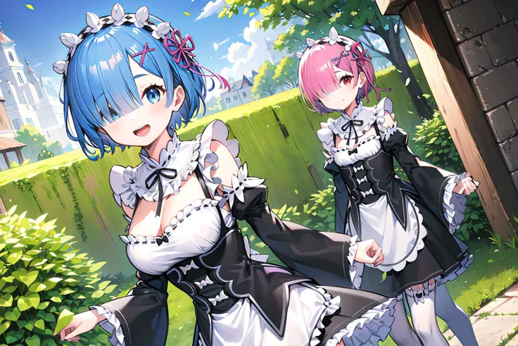 masterpiece, best quality, highres, 2girls,multiple girls,aarem, short hair,blue hair, blue eyes, hair over one eye,maid headdress, x hair ornament, hair ribbon, large breasts, frills, neck ribbon, cleavage, dress, detached sleeves, <lora:rem_v1:0.8>, (smile:1.1), open mouth, (floating hair:1.1), (wind:1.1), garden, BREAK
masterpiece, best quality, highres, ram1, 2girls, multiple girls,ram \(re:zero\), pink hair, white thighhighs, short hair, red eyes, hair over one eye, ribbon trim, hair ribbon, x hair ornament, frills, maid headdress, waist apron, garter straps, black ribbon, small breasts, long sleeves, white apron, neck ribbon, purple ribbon, wide sleeves, hair flower, <lora:ram_rezero_v1_2:0.6>