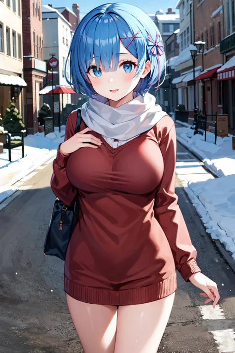 kaito, two-toned hair, blue hair, purple hair, purple eyes, scarf, necklace,, short hair.　1girl, solo, long hair, nsfw,, (wearing nothing: 1.5), large breasts., empty eyes ,, nipple, big breasts、Abandoned amusement park、 file, crying ,flooding、abandoned hospital、fire、heavy snowfall、frozen、、whole body