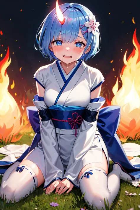 A young teenager with curly white hair and vibrant blue eyes in a white outfit tied with blood on the body on the floor, a pile of corpses with fire on the ground;