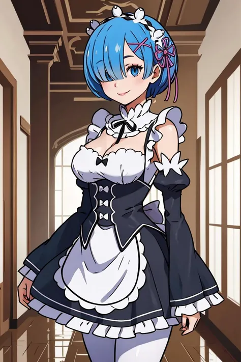 <lora:Sugimori_Ken_Style_v2:0.8>,masterpiece, best quality, highres, aarem, short hair, maid headdress, x hair ornament, hair ribbon, hair over one eye, large breasts, frills, neck ribbon, cleavage, dress, detached sleeves, white apron, waist apron, white pantyhose, <lora:rem_v1:0.8>, standing, cowboy shot, smile, indoors,