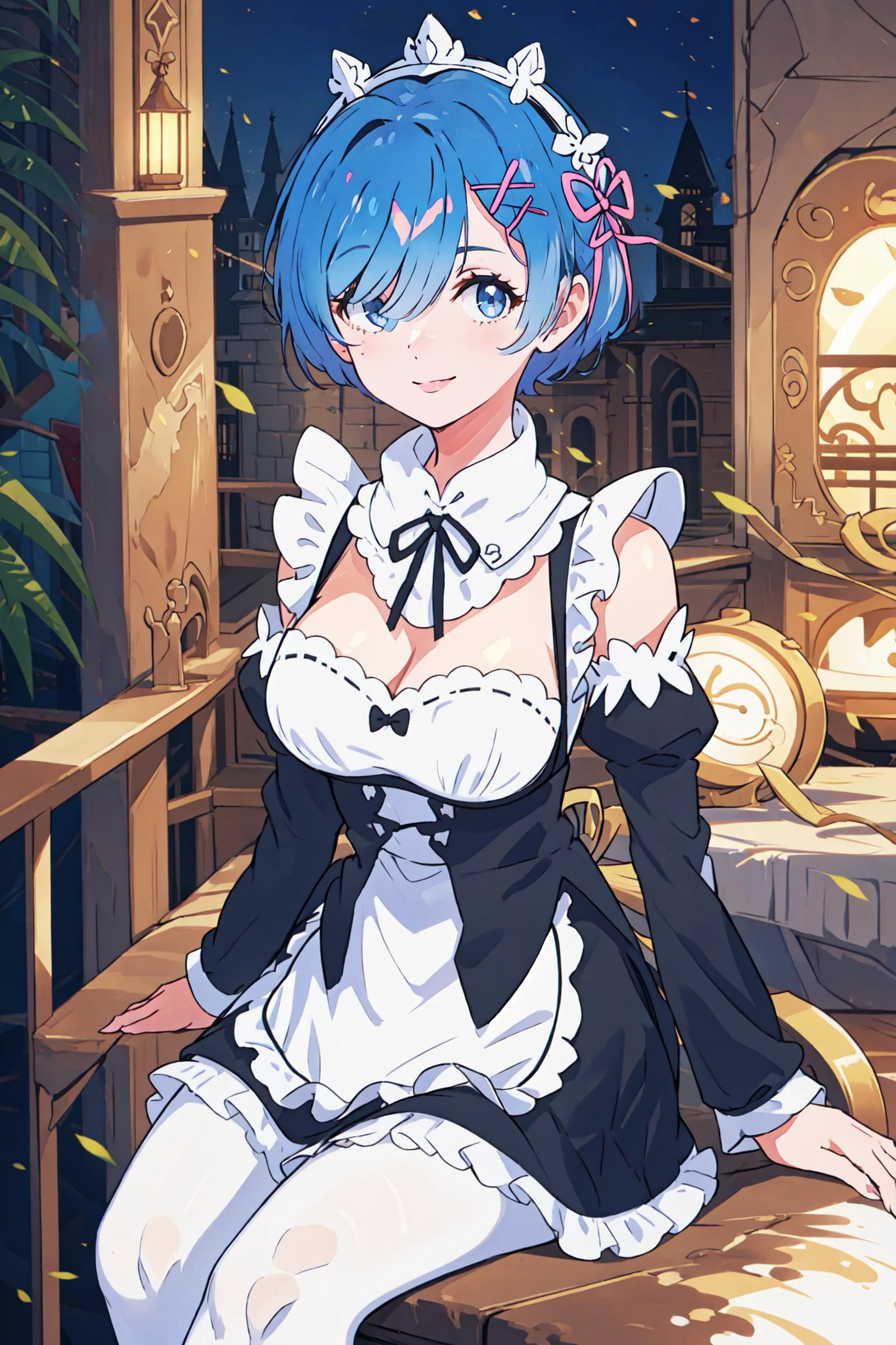 (8k uhd, masterpiece, best quality, high quality, ultra-detailed, volumetric lighting,fantasy castle balcony), sitting, arms supporting self,<lora:Addams:0.4>, <lora:flat1:0.5>, <lora:thickline_fp16:0.6>, corner of mouth smile, (looking at viewer), <lora:rem_v1:0.8> aarem, short hair, maid headdress, x hair ornament, hair ribbon, hair over one eye, large breasts, frills, neck ribbon, cleavage, dress, detached sleeves, white apron, waist apron, white pantyhose, <lora:ç¼çå:0.8>