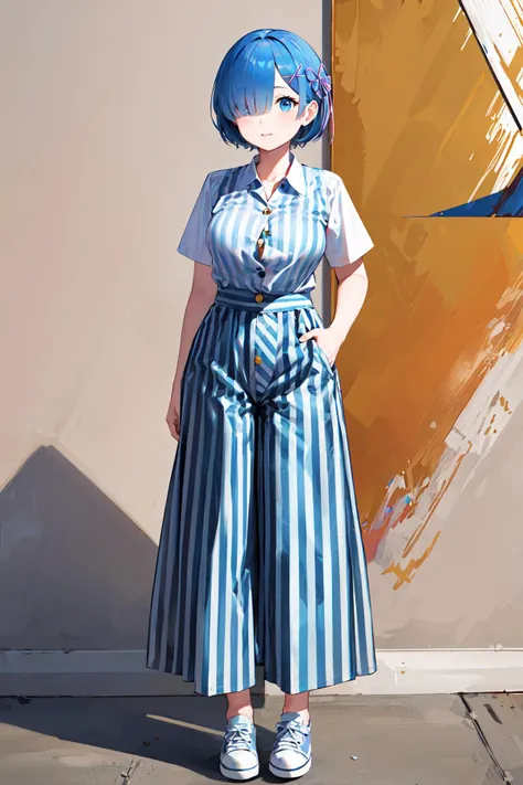 masterpiece, best quality, highres, aarem, short hair, x hair ornament, hair ribbon, hair over one eye, large breasts, frills, <lora:rem_v1:0.8>, (Striped_button-down_shirt:1.5),(Wide-leg_trousers:1.4),(Slip-on_sneakers:1.3),(Modern_art_gallery_background:1.5), looking at viewer, sandy dunes, wind-swept, vast expanse, remote beauty
