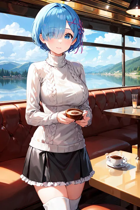 masterpiece, best quality, highres, aarem, short hair, x hair ornament, hair ribbon, hair over one eye, large breasts, frills, <lora:rem_v1:0.8>, (Turtleneck_sweater:1.4),(Leather_skirt:1.3),(Over-the-knee_boots:1.2),(Cafe_interior_background:1.4), looking at viewer, lake, calm waters, scenic shoreline, tranquil