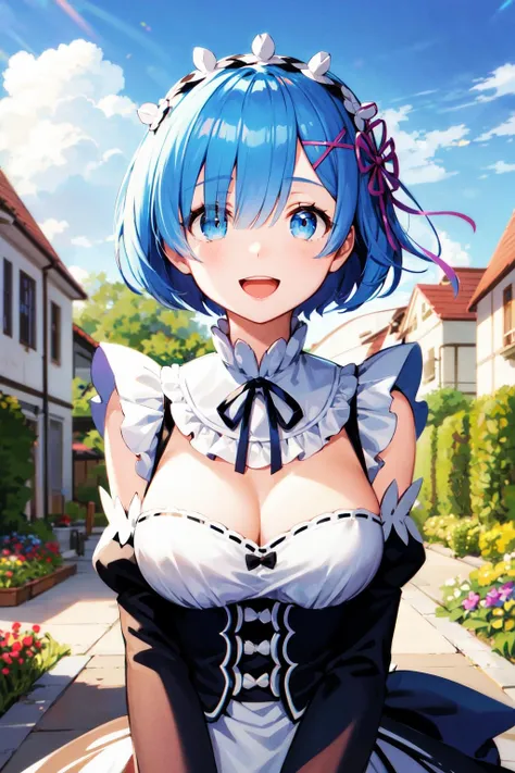 masterpiece, best quality, highres, aarem, short hair, maid headdress, x hair ornament, hair ribbon, large breasts, frills, neck ribbon, cleavage, dress, detached sleeves, <lora:rem_v1:0.8>, (upper body:1.2), (smile:1.1), open mouth, (floating hair:1.1), (wind:1.1), garden