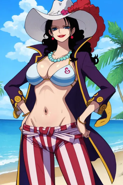Old man, bald, Fake Mustache, big mustache, beard, big beard, best quality, cowboy shot, solo, 1girl, boa hancock, smile, looking at viewer, hand on breast, cape, epaulettes, cleavage, jewelry, earrings, midriff, extremely detailed CG unity 8k wallpaper, perfect lighting,best_quality, ultra high res,4K,ultra-detailed, photography, huge breasts, very wide hips, slim waist, curvy, on a pirate ship at sea