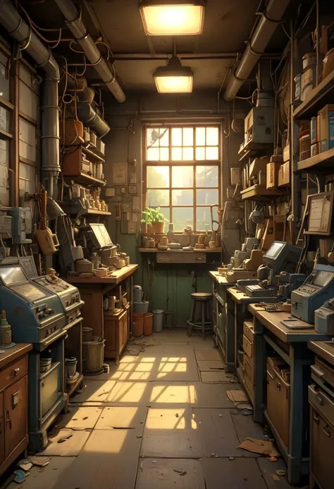 anime digital painting, warmly lit interior, in a Lo-Fi machine shop<lora:EnvyStarlightAnime04:1>