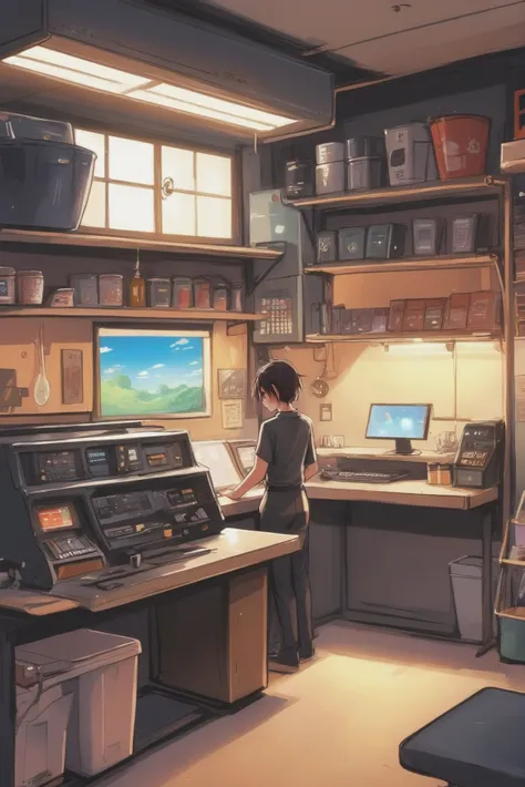 anime digital painting, warmly lit interior, in a Lo-Fi machine shop<lora:EnvyStarlightAnime04:1>