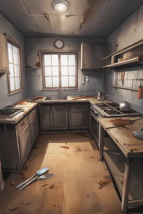 anime digital painting, Disused Kitchen with Rusty Utensils \(room\) <lora:EnvyStarlightAnime04:1>