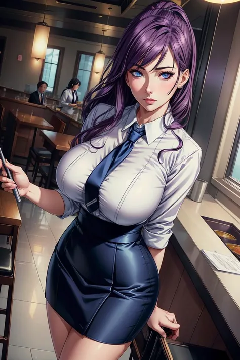 Odagiri Naomi, mature, milf (Wearing business outfit,formal jacket,neck tie, tie,white shirt, blue skirt, heels,High waist Skirt)( big perfect round breasts,hourglass body, thin waist,btpt-fc,Photo realistic, (hyperrealistic:1)beautiful, masterpiece, best quality, extremely detailed face, perfect lighting,detailed eye makeup, detail face, nice detailed eyes,nice hands, perfect hands (realistic pupils,realistic iris:1) heavy eye makeup, ,purple hair, blue eyes, milf <lora:beautifulDetailedEyes_v10:0.2> <lora:add_detail:.5> <lora:btpt-fc-v2:.40>   <lyco:GoodHands-beta2:.90>  <lora:Odagiri:.30> (co worker, working at a restaurant, background restaurant)
