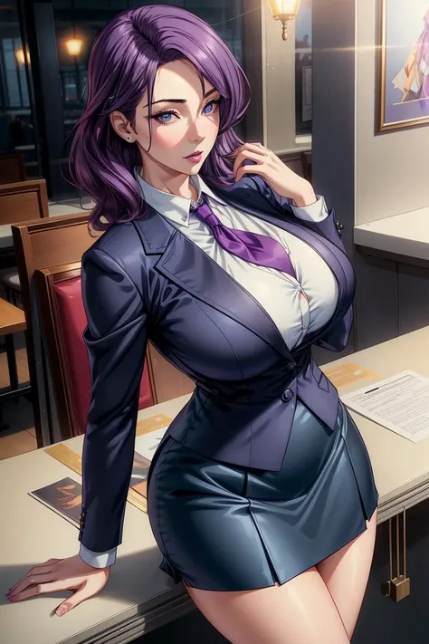 (Highest quality, Very detailed, Anime Images, Game CG, art CG, Realistic, Cinema Lighting, Perfect Shadow, Realistic lighting shading, Unity8k wallpaper), OL,Office Lady Costume, office worker (Stylish clothing), (Pencil Skirt), Black Pantyhose,Black knee high sock, Big Breasts, Long Hair, Mature Woman, (Lace panties), Perfect Eyes, Perfect Face, Earrings, (Purple garter belt: 1.1), Bible Black Style, Vulgar blush, nose, Watch Viewer, Sexy pose,Modern Office,Tabletop