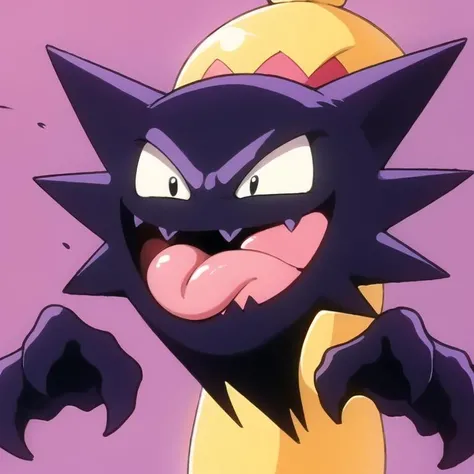 haunter, purple, solo, smile, open mouth, tongue, tongue out, ^_^, black eyes, pokemon (creature), no humans, fangs <lora:Haunter-12:0.8>
