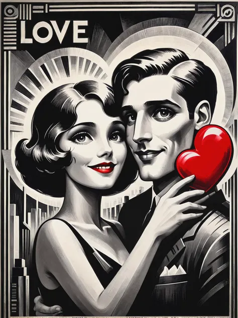 mad-ropolis-poster, black and white, expressionist, art deco, Man with woman happy face , man holding big red heart with (text: "LOVE":1.2) on the black wall ,   <lora:Metropolis_Movie_Poster_Style_SDXL:0.8>