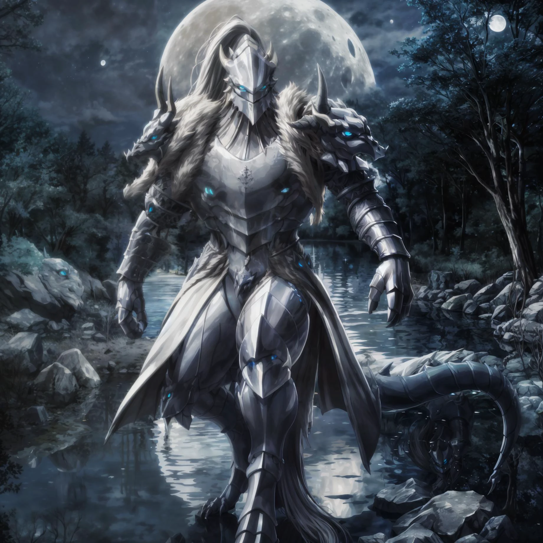 solo, at night, platinum_dragon_lord_armor, knight male dragon, horns, helmet, glowing blue eyes, tail, digitigrade feet, pose, tree, moon, stones, road, lake, reflection, by null-ghost, by ricegnat <lora:Platinum_Dragon_Lord_Armor:1>