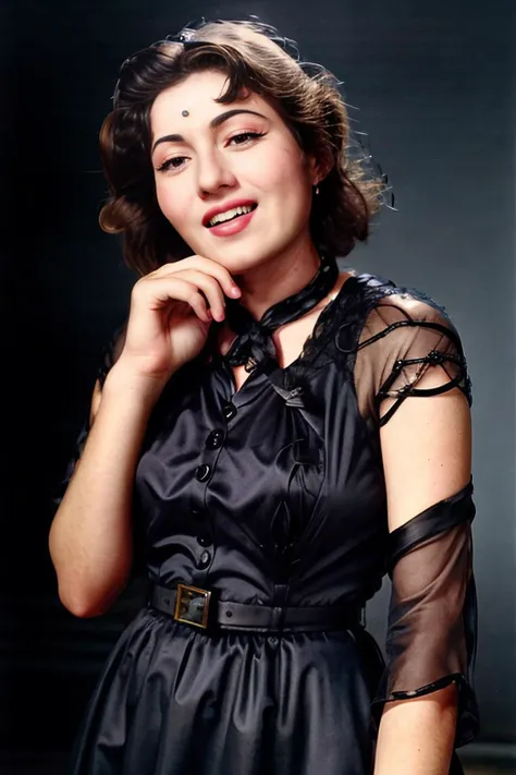 photo of mdbla woman, 50s analog look, wearing conservative elegant Charcoal clothing, dynamic pose, healthy skin, perfect face looking at camera, laughing, accurate anatomy, perfect hands and fingers, simple contrasting background, film grain <lora:mdbla_Madhubala_SD15_LoRA_prodigy_local_regs-000003:1>