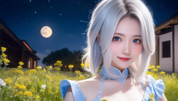 masterpiece, best quality, 1girl, (colorful),(finely detailed beautiful eyes and detailed face),cinematic lighting,bust shot,extremely detailed CG unity 8k wallpaper,white hair,solo,smile,intricate skirt,((flying petal)),(Flowery meadow) sky, cloudy_sky, building, moonlight, moon, night, (dark theme:1.3), light, fantasy