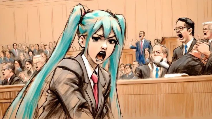 <lora:PE_CourtRoomSketchV2:0.9>, PECourtRoomSketch, Courtroom, hatsune miku yelling at a judge in a courtroom