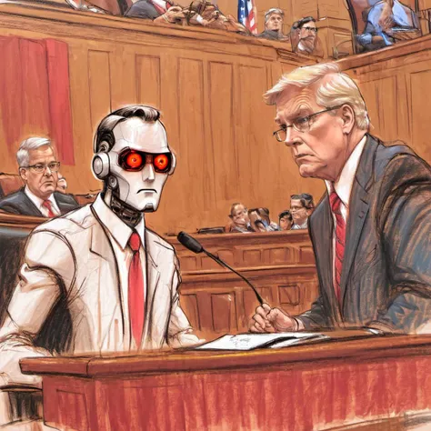 best quality, <lora:PE_CourtRoomSketch:1> pecourtroomsketch, courtroom, robotic AI, single red glowing eye, menacing