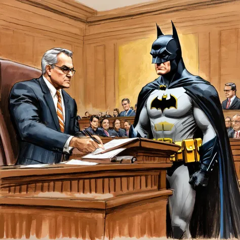 a photo of courtroom sketch, batman, PECourtRoomSketch, <lora:PE_CourtRoomSketchV2:0.85>, high resolution, beautiful, highest quality, masterpiece, highly detailed