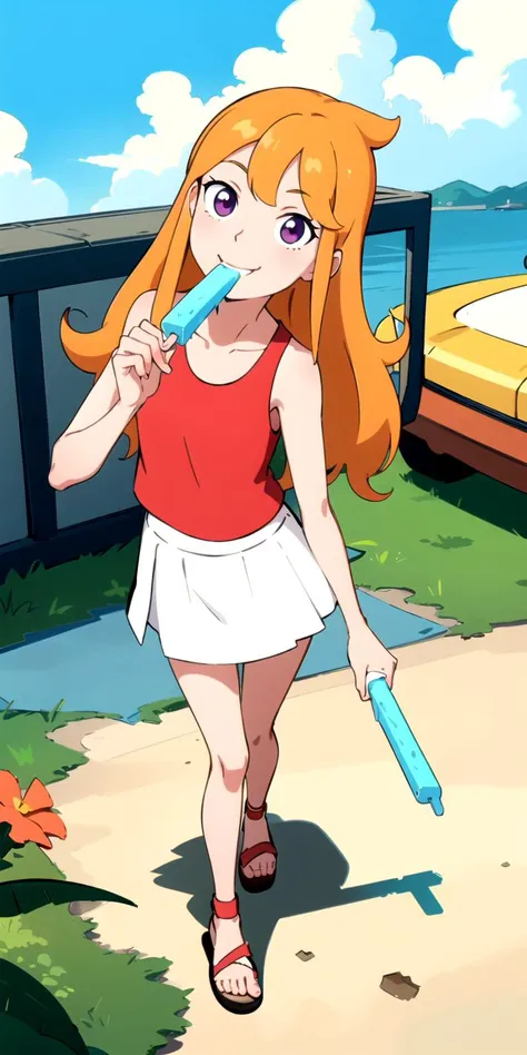 (masterpiece, best quality, high resolution:1.4), 1girl, candace flynn, long hair, red tanktop, white skirt, sandals, walking at beach, eating popsicle, cute, smiling, in love, looking at viewer, (from above:0.9), <lora:CandaceFlynn_v1:1>