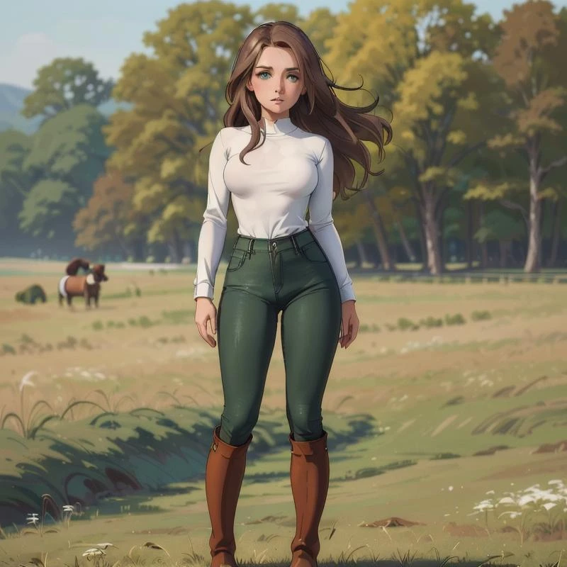 woman, solo, green eyes, brown hair, standing, black rubberboots, jeans, white shirt, meadow,
detailed, masterpiece,
sammyjay <lora:sammyjay:0.4>