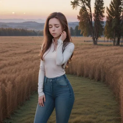 woman, (solo), closed eyes, brown hair, standing, rubberboots, jeans, white shirt, meadow,
detailed, masterpiece, sunset, (blushing),
sammyjay <lora:sammyjay:0.5>