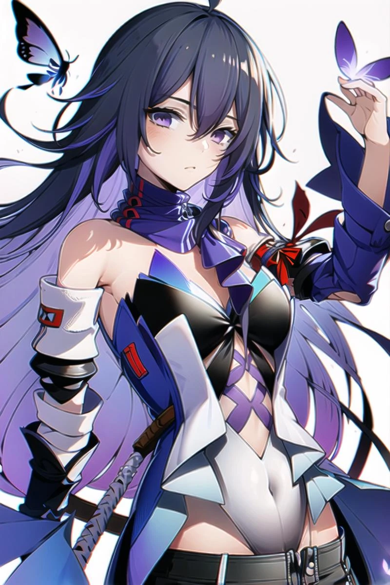 <lora:xier:1>,xier, 1girl, solo, butterfly, bug, breasts, looking at viewer, long hair, blue hair, purple eyes, bangs, weapon, blue butterfly, bare shoulders, covered navel, armpits, hair between eyes, ahoge, detached sleeves, purple hair, closed mouth, white background, medium breasts, blush,leotard,dress,scarf , seele vollerei, masterpiece,bestquality,8k,officialart,cinematiclight,ultrahighres,