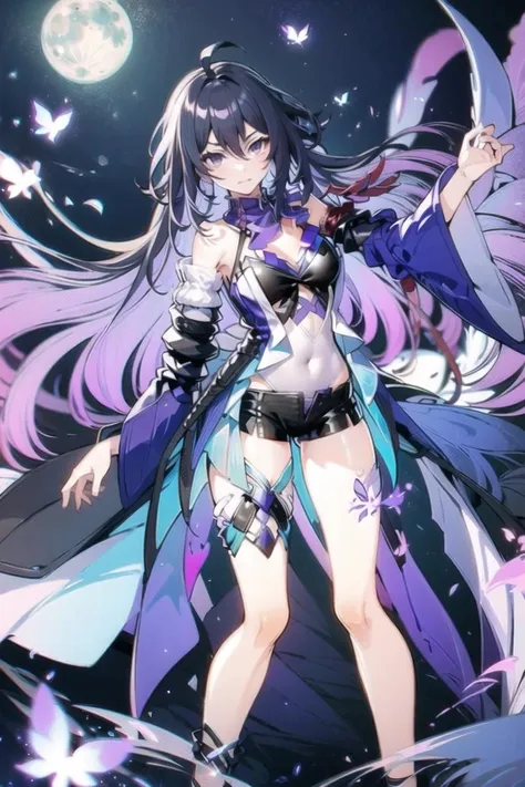 <lora:xier:1>,xier,1girl,butterfly,solo,long hair,shorts,purple hair,purple eyes,moon,looking at viewer,breasts,ahoge,full moon,bare shoulders,short shorts,black shorts,thigh strap,covered navel,bangs,cleavage,detached sleeves,hair between eyes,thighs,night,leotard,dress,scarf,seele vollerei,, masterpiece,bestquality,8k,officialart,cinematiclight,ultrahighres,